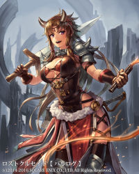 Rule 34 | 1girl, breasts, brown hair, cleavage, cuboon, large breasts, long hair, looking at viewer, open mouth, purple eyes, smile, solo, standing, sword, weapon, whip