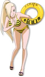 Rule 34 | beach, bikini, blonde hair, floater, hairband, long hair, naruto, naruto (series), off shoulder, official art, sandals, simple background, smile, swimsuit, tuber, vector trace, yamanaka ino