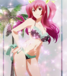 Rule 34 | 10s, 1girl, bare shoulders, bikini, breasts, cleavage, curvy, female focus, hair ribbon, highres, large breasts, long hair, looking at viewer, navel, pink hair, rakudai kishi no cavalry, red eyes, ribbon, screencap, smile, solo, sparkle, standing, stella vermillion, swimsuit, two side up