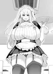Rule 34 | ..., 1girl, absurdres, air conditioner, arm at side, blush, breasts, check translation, choker, collarbone, commentary request, cowboy shot, cup-chan, dot nose, garter straps, greyscale, hair between eyes, heart, highres, holding, holding tray, huge breasts, indoors, japanese text, long hair, looking at viewer, maid headdress, monochrome, open mouth, original, panties, skirt, solo, straight-on, sweat, table, thick thighs, thighhighs, thighs, translation request, tray, underwear