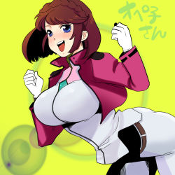 Rule 34 | 00s, 1girl, ass, bad id, bad pixiv id, belt, blue eyes, blush, bouncing breasts, braid, breasts, brown hair, celestial being extra, extra, female focus, gloves, gundam, gundam 00, happy, huge breasts, jacket, large breasts, muto25, short hair, single braid, skin tight, smile, solo, stacked extra