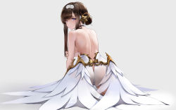 Rule 34 | 1girl, absurdres, back, back focus, breasts, brown hair, dress, flower, hair flower, hair ornament, highres, janload1ng, large breasts, long hair, looking at viewer, looking back, original, parted lips, purple eyes, simple background, solo, white background, white dress, white flower
