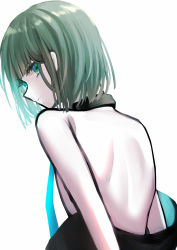 Rule 34 | 1boy, back, black dress, closed mouth, collar, commentary request, crossdressing, dress, green eyes, green hair, gretel (sinoalice), hair ribbon, highres, looking at viewer, looking back, ribbon, short hair, simple background, sinoalice, sleeveless, sleeveless dress, solo, towada-san (thank39), trap, white background