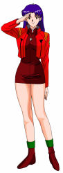 Rule 34 | 1girl, arm at side, artist request, bare legs, boots, brown dress, brown eyes, brown footwear, closed mouth, cross, cross necklace, dress, earrings, female focus, full body, jacket, jewelry, katsuragi misato, long hair, long sleeves, looking at viewer, neck, necklace, neon genesis evangelion, no headwear, parted bangs, purple hair, red jacket, salute, short dress, simple background, smile, socks, solo, standing, straight hair, stud earrings, thick thighs, thighs, v-neck, white background