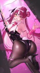 Rule 34 | 1girl, animal ears, ass, bare shoulders, black footwear, black leotard, black pantyhose, blush, breasts, colored inner hair, detached collar, fake animal ears, fang, hair between eyes, hair bun, hair ornament, high heels, highres, hololive, houshou marine, large breasts, leotard, long hair, looking at viewer, multicolored hair, open mouth, pantyhose, pink hair, playboy bunny, rabbit ears, rabbit hole (vocaloid), red eyes, red hair, smile, solo, twisted torso, virtual youtuber, vocaloid, x hair ornament, yellow eyes, yuuki tegami
