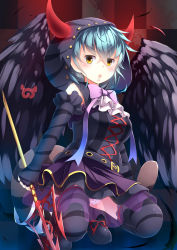 Rule 34 | 10s, 1girl, :o, absurdres, alternate costume, aqua hair, belt, black gloves, black thighhighs, black wings, bow, checkered background, commentary, elbow gloves, feathered wings, fingerless gloves, gloves, highres, hood, hood up, horns, japari symbol, kanzakietc, kemono friends, kemono friends festival, looking at viewer, panties, pantyshot, pink bow, polearm, polka dot, polka dot panties, red horns, snake tail, solo, squatting, tail, thighhighs, trident, tsuchinoko (kemono friends), underwear, v-shaped eyebrows, weapon, wings, yellow eyes
