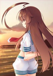 Rule 34 | 1girl, absurdres, ahoge, arm behind back, beach, blurry, blurry background, brown eyes, brown hair, commentary request, from behind, highres, huge ahoge, kantai collection, ko yu, kuma (kancolle), long hair, midriff, neckerchief, sailor collar, school uniform, serafuku, short sleeves, shorts, solo, sunset, twilight