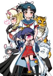 Rule 34 | 1boy, 5girls, :d, aged down, animal ears, animal head, artist name, black gloves, black sailor collar, blue sailor collar, breasts, brown eyes, character request, cyclops, dress, gloves, grey eyes, grey hair, heart, hitomi sensei no hokenshitsu, horns, lab coat, large breasts, looking at viewer, mouse ears, mouse tail, multiple girls, neckerchief, one-eyed, oni horns, open mouth, parted lips, pink eyes, pink legwear, ponytail, purple hair, red dress, red eyes, red neckerchief, sailor collar, school uniform, serafuku, shake-o, shirt, short sleeves, siblings, simple background, sisters, slippers, smile, socks, sweatdrop, tail, third eye, white background, white shirt