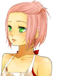 Rule 34 | 1girl, alternate hairstyle, apron, bare shoulders, blush, collarbone, eyelashes, forehead, green eyes, halterneck, haruno sakura, lips, looking to the side, naruto, naruto (series), no pupils, parted lips, pink hair, short hair, simple background, solo, suwaru, tears, upper body, white background