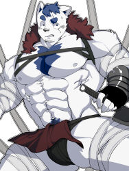 Rule 34 | 1boy, abs, bandages, bara, bare pectorals, black loincloth, blue doggo (ttn), bound, bound legs, chest harness, clothes lift, dagger, feet out of frame, furry, furry male, harness, highres, holding, holding dagger, holding knife, holding weapon, knife, looking at viewer, male focus, muscular, muscular male, navel, navel hair, nervous sweating, nipples, original, pectorals, pelvic curtain, pelvic curtain lift, raised eyebrow, short hair, solo, stomach, stuck, sweat, thick thighs, thighs, ttn (239 239), uneven eyes, weapon