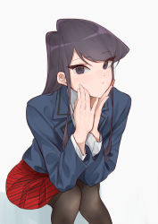Rule 34 | 1girl, absurdres, black eyes, black hair, black pantyhose, blazer, closed mouth, commentary request, female focus, grey background, hands on own face, hands up, highres, jacket, komi-san wa komyushou desu, komi shouko, long hair, long sleeves, looking at viewer, miniskirt, pantyhose, pleated skirt, red skirt, school uniform, shirt, simple background, sitting, skirt, solo, straight hair, striped clothes, striped shirt, takita (takita3411), white shirt