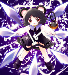 Rule 34 | 1girl, :d, animal ears, basket, black hair, blush, capelet, censored, child, convenient censoring, crystal, dowsing rod, dress, female focus, flat chest, highres, jewelry, magic, mouse (animal), mouse ears, mouse tail, nazrin, open mouth, outstretched arms, pendant, red eyes, shoes, short dress, short hair, smile, socks, solo, spread arms, spread legs, tail, touhou, wings, yume shokunin