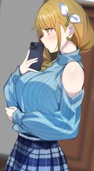 Rule 34 | 1girl, absurdres, bare shoulders, blue skirt, breasts, brown hair, cellphone, entogman, fire emblem, fire emblem engage, goldmary (fire emblem), highres, holding, holding phone, large breasts, looking to the side, nintendo, phone, plaid, plaid skirt, ribbon, skirt, smartphone, solo, white ribbon, yellow eyes