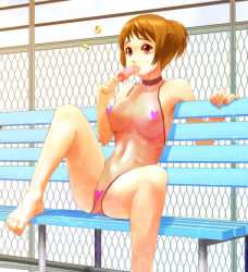 Rule 34 | 1girl, barefoot, bench, breasts, brown eyes, brown hair, censored, feet, food, heart, large breasts, majoora, one-piece swimsuit, original, popsicle, see-through, solo, swimsuit
