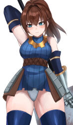 1girl absurdres aqua_eyes arm_up armor bad_id blue_dress blue_thighhighs blush breasts brown_hair closed_mouth cowboy_shot double-parted_bangs dress edboy faulds gauntlets hair_between_eyes hammer highres holding holding_hammer holding_weapon looking_down medium_breasts medium_hair nina_(unicorn_overlord) panties pantyshot ponytail simple_background sleeveless sleeveless_dress solo thighhighs underwear unicorn_overlord war_hammer weapon white_background white_panties