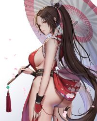 Rule 34 | 1girl, absurdres, ass, bare shoulders, breasts, brown eyes, brown hair, cherry blossoms, dress, fatal fury, female focus, high ponytail, highres, holding, holding umbrella, jademoon, large breasts, long hair, looking at viewer, matching hair/eyes, ninja, no bra, obi, oil-paper umbrella, parted bangs, pelvic curtain, petals, ponytail, red dress, revealing clothes, rope, sash, shiranui mai, sideboob, solo, the king of fighters, umbrella, very long hair