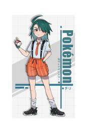 Rule 34 | 1girl, aged down, black footwear, breast pocket, closed mouth, collared shirt, copyright name, creatures (company), fingerless gloves, full body, game freak, gloves, green hair, hand in pocket, highres, holding, holding poke ball, knees, medium hair, molingxiang chimangguo, necktie, nintendo, orange eyes, orange necktie, orange shorts, pocket, poke ball, poke ball (basic), pokemon, pokemon sv, rika (pokemon), school uniform, shirt, shoes, short sleeves, shorts, socks, solo, standing, white shirt