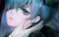 Rule 34 | 1boy, black blindfold, blindfold, blue eyes, blue hair, ciel phantomhive, closed mouth, commentary, earrings, eyelashes, from side, gloves, hair between eyes, jewelry, kuroshitsuji, looking at viewer, looking to the side, one eye covered, pink lips, ponytail, qidai, solo focus, symbol-only commentary, white gloves