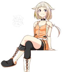 Rule 34 | 1girl, belt, black socks, blonde hair, boots, braid, braided ponytail, cevio, commentary request, crossed legs, dress, elbow gloves, gloves, hair ornament, hand on ground, kneehighs, leaning back, long hair, looking at viewer, miniskirt, multicolored eyes, one (cevio), orange dress, orange gloves, orange skirt, ponytail, shiyoheee, short hair with long locks, simple background, single braid, sitting, skirt, socks, solo, striped clothes, striped socks, thighhighs, white background, white belt, zipper