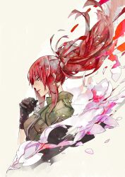 Rule 34 | 1girl, black gloves, blood, blood trail, dark persona, dog tags, earrings, gloves, green jacket, highres, ian olympia, ikari warriors, jacket, jewelry, leona heidern, military, military uniform, orochi leona, ponytail, portrait, red eyes, red hair, smoke, smoke trail, snk, soldier, solo, the king of fighters, triangle earrings, uniform