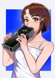 Rule 34 | 1girl, blue background, border, brown eyes, brown hair, checkered background, commentary, eating, english commentary, geforce rtx 4090, graphics card, grid background, highres, hommie-k9k9, iwakura lain, looking at viewer, saliva, serial experiments lain, shirt, short hair, sleeveless, sleeveless shirt, solo, tank top, white border, white tank top