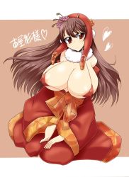 Rule 34 | 1girl, bare shoulders, bikini, bikini top only, breasts, brown hair, character request, covered erect nipples, female focus, hair ornament, head tilt, huge breasts, japanese clothes, long hair, red bikini, red eyes, simple background, sitting, solo, source request, string bikini, swimsuit, wedge (tyrl stride)