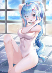 Rule 34 | 1girl, alternate hair length, alternate hairstyle, arm up, bad id, bad pixiv id, bare arms, bare legs, bare shoulders, beach, blue eyes, blue hair, breasts, bunching hair, competition swimsuit, covered navel, day, eyes visible through hair, female focus, flower knot, hair ornament, hair over one eye, hair tie in mouth, hand up, hinaki (hinaki 0102), indoors, knee up, large breasts, long hair, looking at viewer, matching hair/eyes, mouth hold, ocean, one-piece swimsuit, ponytail, re:zero kara hajimeru isekai seikatsu, rem (re:zero), sidelocks, sitting, solo, sunlight, swimsuit, thighs, tying hair, very long hair, wavy hair, white one-piece swimsuit, window shadow, x hair ornament