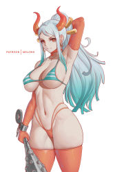 Rule 34 | 1girl, absurdres, aqua hair, arm up, armpits, bikini, breasts, choker, collarbone, cowboy shot, earrings, elbow gloves, gloves, gradient hair, grey hair, hair ornament, hair stick, heart, heart choker, highleg, highleg bikini, highres, holding, holding weapon, hoop earrings, horns, jewelry, large breasts, long hair, looking at viewer, melowh, multi-strapped bikini, multicolored hair, navel, one piece, oni, oni horns, orange bikini, orange gloves, orange thighhighs, patreon username, ponytail, red eyes, sidelocks, simple background, skindentation, smile, solo, stomach, striped bikini, striped clothes, swimsuit, thighhighs, thighs, underboob, weapon, white background, yamato (one piece)