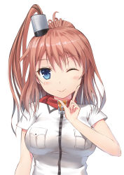 Rule 34 | 10s, 1girl, anchor, blue eyes, breast pocket, brown hair, facing viewer, highres, index finger raised, kantai collection, komeshitsu, long hair, neckerchief, one eye closed, pocket, ponytail, red neckerchief, saratoga (kancolle), shirt, side ponytail, sidelocks, simple background, solo, white background, white shirt