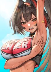 Rule 34 | 1girl, ahoge, arm under breasts, arm up, armpits, bay (nikke), blush, breasts, brown eyes, brown hair, cheerleader, crop top, dark-skinned female, dark skin, facial tattoo, goddess of victory: nikke, hair intakes, hairband, large breasts, long hair, looking at viewer, mole, mole on breast, mole under eye, mole under mouth, multicolored hair, pom pom (cheerleading), ponytail, red hair, red shirt, shirt, solo, star tattoo, streaked hair, sweat, tattoo, teeth, upper body, upper teeth only, young999999990
