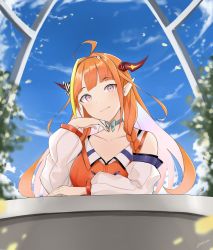 Rule 34 | ahoge, blonde hair, blue sky, blurry, blurry background, blush, cosplay, day, detached sleeves, dragon horns, highres, hololive, hololive english, horns, kiryu coco, lendivere, long sleeves, looking at viewer, multicolored hair, neck ribbon, orange hair, pink eyes, pointy ears, ribbon, sky, smile, solo, streaked hair, takanashi kiara, takanashi kiara (cosplay), twitter username, virtual youtuber