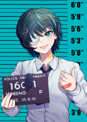 Rule 34 | 1girl, absurdres, alternate breast size, bandage over one eye, bandaid, bandaid on cheek, bandaid on face, bandaid on hand, bandaid on neck, barbie mugshot (meme), black hair, black necktie, blue eyes, breasts, chainsaw man, commentary, hair ornament, hairclip, hairpin, head tilt, height chart, highres, himeno (chainsaw man), holding, holding sign, kiunchiku, loose necktie, meme, mugshot, necktie, open mouth, short hair, sign, small breasts, smile, solo, thumbs up, upper body