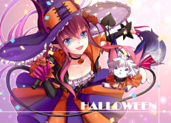 Rule 34 | 1girl, black gloves, blue eyes, choker, commentary request, demon tail, dragon tail, dress, elbow gloves, elizabeth bathory (fate), elizabeth bathory (fate/extra ccc), elizabeth bathory (fate/grand order), elizabeth bathory (halloween caster) (fate), fang, fate/grand order, fate (series), gloves, hair between eyes, halloween, halloween costume, hat, jh, long hair, looking at viewer, open mouth, pointy ears, red hair, striped clothes, striped dress, tail, vertical-striped clothes, vertical-striped dress, witch hat