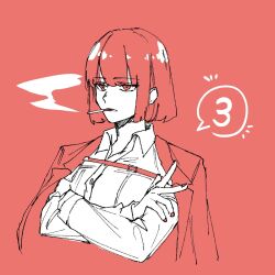 Rule 34 | 1girl, bob cut, cigarette, coat, coat on shoulders, collared shirt, crossed arms, fingernails, hand up, highres, limbus company, long sleeves, monochrome, project moon, red theme, ryoshu (project moon), shirt, sidelocks, smoke, smoking, solo, ssmr rolling