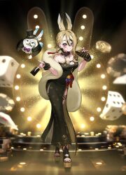 Rule 34 | 1girl, absurdres, animal ears, anon non, bare shoulders, black hair, blonde hair, bow, bowtie, braid, breasts, card, casino, dice, earrings, hat, highres, jewelry, looking at viewer, mascot, monocle, multicolored hair, multicolored nails, official alternate costume, official alternate hairstyle, papi (anon non), platform footwear, playing card, playing card theme, poker chip, prism project, purple eyes, rabbit ears, rabbit girl, second-party source, side slit, streaked hair, top hat, virtual youtuber, yuu (higashi no penguin)