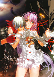 Rule 34 | 1boy, 1girl, absurdres, al azif, grabbing another&#039;s breast, cowboy shot, demonbane, dress, flat chest, floating hair, gloves, grabbing, green eyes, hair between eyes, highres, holding another&#039;s wrist, long hair, looking at viewer, nishii (damnedrive), parted lips, pink hair, red gloves, red ribbon, ribbon, short dress, sleeveless, sleeveless dress, standing, very long hair, white dress, wrist cuffs