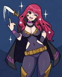 Rule 34 | 1girl, akairiot, black cape, bodysuit, breasts, cape, choker, cleavage, clothing cutout, covered navel, facial mark, fire emblem, fire emblem engage, hair ornament, highres, knife, large breasts, long hair, looking at viewer, nintendo, one eye closed, open mouth, red eyes, red hair, simple background, smile, solo, star (symbol), star facial mark, star hair ornament, thighs, throwing knife, weapon, yunaka (fire emblem)