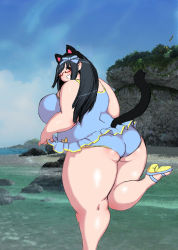 Rule 34 | 1girl, absurdres, animal ears, ass, beach, breasts, brown eyes, brown hair, cat ears, cat tail, fat, glasses, highres, hip focus, huge ass, huge breasts, kjmvideo, solo, tail, thick thighs, thighs