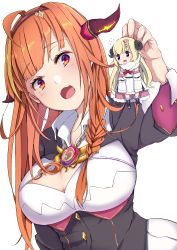 Rule 34 | 2girls, absurdres, ahoge, black jacket, blonde hair, blush, breasts, cape, chibi, cleavage, cleavage cutout, clothing cutout, detached sleeves, dragon girl, dragon horns, dress, fang, hairband, highres, holding, holding person, hololive, horns, jacket, jewelry, kiryu coco, kiryu coco (1st costume), large breasts, long sleeves, looking at another, multiple girls, necklace, open mouth, orange hair, purple eyes, red eyes, sheep girl, sheep horns, simple background, skin fang, smile, sweatdrop, tsunomaki watame, tsunomaki watame (1st costume), upper body, virtual youtuber, white background, white dress, yagitani hitsuji