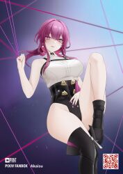Rule 34 | 1girl, absurdres, akaisu, ass, black footwear, black jacket, black shorts, blush, boots, breasts, chest harness, closed mouth, collared shirt, dress shirt, eyewear on head, hand on own stomach, hand up, harness, high-waist shorts, highres, honkai: star rail, honkai (series), jacket, jewelry, kafka (honkai: star rail), knee up, large breasts, long hair, looking at viewer, low ponytail, nail polish, open clothes, open jacket, paid reward available, pink lips, pink pupils, ponytail, pruple nails, purple eyes, purple hair, ring, round eyewear, shirt, short shorts, shorts, sidelocks, sitting, smile, solo, spider web print, strap, sunglasses, thigh boots, thighs, white shirt