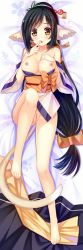 Rule 34 | 1girl, animal ears, aquaplus, black hair, blush, breasts, breasts out, cat tail, unworn clothes, clothing aside, collarbone, crotch, dakimakura (medium), feet, female focus, finger to mouth, from above, full body, hair ornament, hand on own breast, highres, knee up, kuon (utawarerumono), large breasts, long hair, long legs, looking at viewer, lying, nipples, open clothes, open mouth, orange eyes, ponytail, pussy, sidelocks, solo, swept bangs, tail, thighs, utawarerumono, utawarerumono: itsuwari no kamen, variations, very long hair, waifu2x, white tail