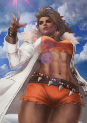 Rule 34 | 1girl, abs, absurdres, belt, bracelet, breasts, brown hair, cloud, cloudy sky, coat, commentary, creatures (company), crop top, cutoffs, day, earrings, english commentary, fingernails, from below, fur-trimmed coat, fur trim, game freak, grey eyes, hair slicked back, highres, jewelry, lab coat, large breasts, lens flare, lips, long hair, makeup, mascara, midriff, monori rogue, muscular, muscular female, nail polish, navel, navel piercing, necklace, nintendo, nose, open clothes, open coat, orange nails, orange shirt, orange shorts, pearl necklace, piercing, pokemon, pokemon sv, sada (pokemon), shirt, shorts, sky, solo, thick eyebrows, thick thighs, thigh gap, thighs, white coat