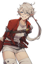 Rule 34 | 1girl, alisaie leveilleur, arm behind back, arm guards, armor, belt, blue eyes, cowboy shot, dmuyaa, earclip, earrings, elezen, elf, eyes visible through hair, final fantasy, final fantasy xiv, floating hair, grey hair, grin, hair over one eye, highres, jacket, jewelry, leaning forward, long hair, long sleeves, looking at viewer, multiple belts, open clothes, open jacket, pointy ears, shirt, short hair with long locks, shorts, simple background, single earring, smile, solo, thighhighs, turtleneck, white background, white shirt, white shorts, white thighhighs