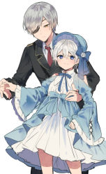 Rule 34 | 2boys, black jacket, black suit, blue bow, blue dress, blue eyes, blue headwear, blue ribbon, blush, bonnet, bow, closed mouth, commentary request, cowboy shot, crossdressing, dress, eyepatch, formal, frilled dress, frills, grey hair, hair between eyes, hair over one eye, hat, hat bow, holding hands, hug, hug from behind, ikeuchi tanuma, jacket, looking at viewer, looking to the side, mixed-language commentary, multiple boys, original, ribbon, rudy (ikeuchi tanuma), short hair, smile, standing, suit, white dress, white hair, yellow eyes