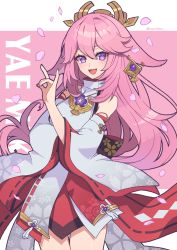 Rule 34 | 1girl, animal ears, blush, character name, cherry blossoms, commentary request, detached sleeves, earrings, fox shadow puppet, genshin impact, hair between eyes, highres, japanese clothes, jewelry, long hair, looking at viewer, marueri, miko, open mouth, petals, pink hair, purple eyes, ribbon-trimmed sleeves, ribbon trim, solo, tassel, twitter username, two-tone background, very long hair, wide sleeves, yae miko