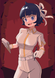 Rule 34 | 1girl, absurdres, azazel (helltaker), belt, belt buckle, black hair, blue eyes, blunt bangs, blush, bow, breasts, buckle, collared shirt, commentary, cowboy shot, cross, cross necklace, dress shirt, drooling, eyelashes, gloves, hair bow, hair ribbon, hairband, helltaker, highres, holding, holding notepad, holding pen, jewelry, large breasts, left-handed, looking at viewer, necklace, notepad, open mouth, pants, pen, red background, ribbon, ringed eyes, shirt, short hair, short sleeves, solo, standing, sweat, teeth, thick eyebrows, upper teeth only, v-shaped eyebrows, white belt, white bow, white gloves, white hairband, white pants, white ribbon, white shirt, yagradoh0