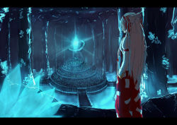 Rule 34 | 1girl, armband, blue theme, bow, cave, city, column, commentary request, crystal, facing away, fantasy, from behind, fujiwara no mokou, glowing, hair bow, hands in pockets, letterboxed, long hair, long sleeves, pants, pillar, pink hair, sketch, solo, standing, suspenders, torohi (marutorohi), touhou, underground, very long hair