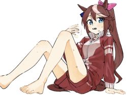 Rule 34 | 1girl, afterimage, animal ears, arm support, bare legs, barefoot, blue eyes, blush, breasts, fanning face, foot out of frame, high collar, horse ears, horse girl, horse tail, jacket, knees up, long hair, long sleeves, looking at viewer, multicolored hair, open mouth, ponytail, red jacket, red shorts, shorts, simple background, sitting, small breasts, solo, speed lines, streaked hair, sweat, tail, tenoo12, tokai teio (umamusume), umamusume, white background