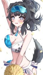 Rule 34 | 1girl, absurdres, animal ears, arm up, bare shoulders, black hair, blue archive, blush, bra, breasts, cheerleader, collar, collarbone, confetti, criss-cross halter, dog ears, dog girl, dog tail, ears down, facial mark, fang, goggles, goggles on head, halterneck, hibiki (blue archive), hibiki (cheer squad) (blue archive), highres, long hair, medium breasts, millennium cheerleader outfit (blue archive), miniskirt, multicolored bra, multicolored clothes, multicolored skirt, nyu-tan94, official alternate costume, open mouth, paw print, pleated skirt, pom pom (cheerleading), purple eyes, skin fang, skirt, solo, sports bra, star (symbol), star facial mark, tail, underwear, white collar