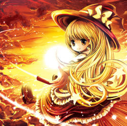 Rule 34 | 1girl, apron, beckoning, blonde hair, bow, broom, broom riding, catbell, cloud, female focus, hat, highres, kirisame marisa, long hair, looking back, no nose, outstretched arm, sky, smile, solo, sparkle, star (symbol), sunset, touhou, witch, witch hat, yellow eyes, yellow theme